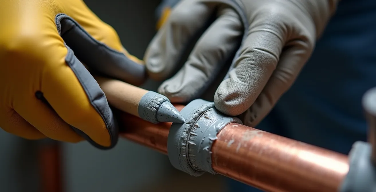 Mains appliquant du mastic époxy sur une fissure de tuyau dans un environnement de plomberie domestique