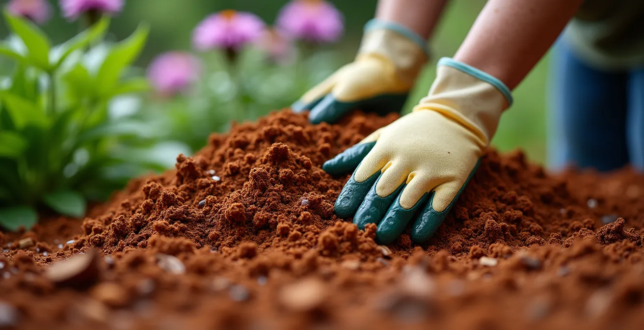 Application de paillis de cèdre autour de vivaces québécoises en début d'été