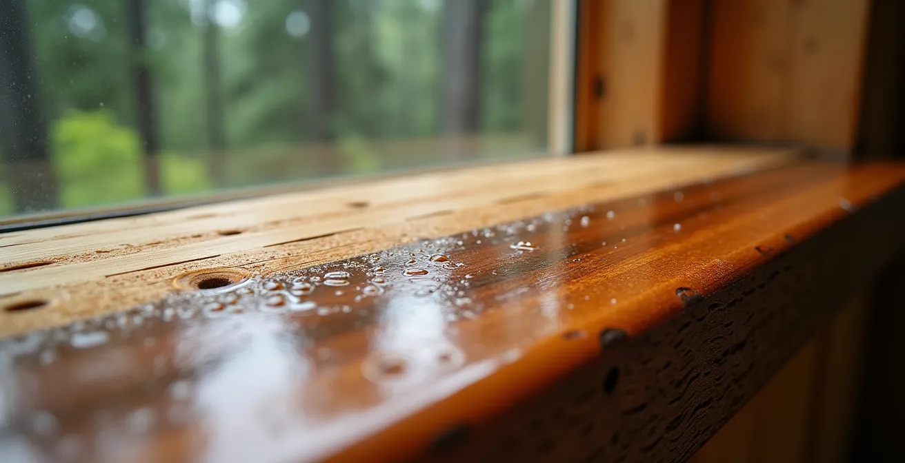 Gros plan sur l'application d'un scellant protecteur sur une planche de bois torréfié, montrant l'effet perlant.