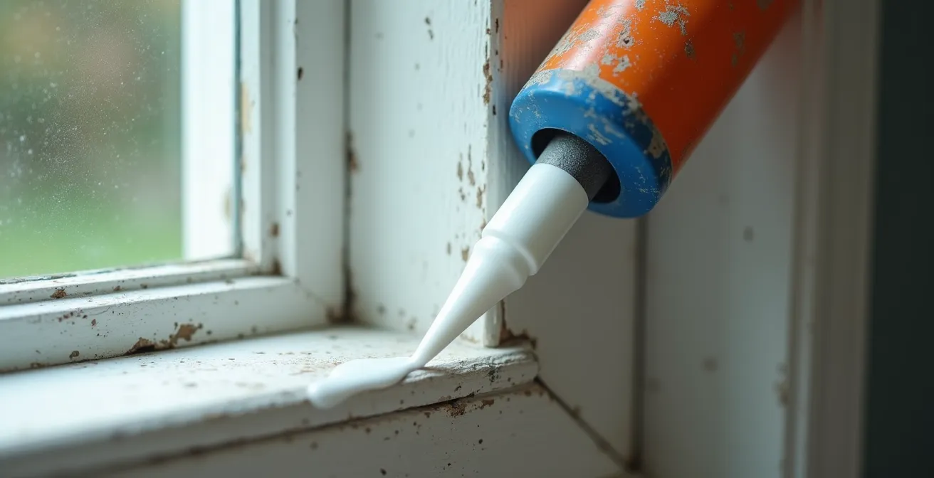 Application minutieuse de scellant sur le cadre d'une fenêtre avec pistolet à calfeutrer