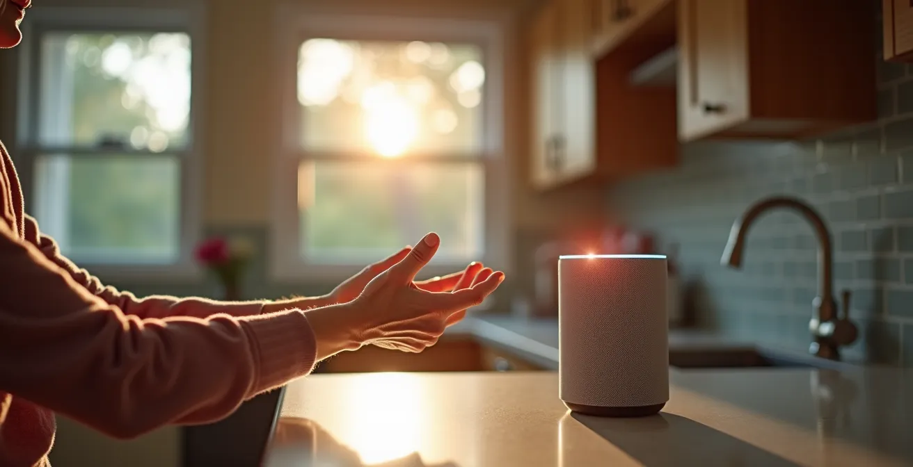Personne âgée utilisant un assistant vocal dans sa cuisine adaptée