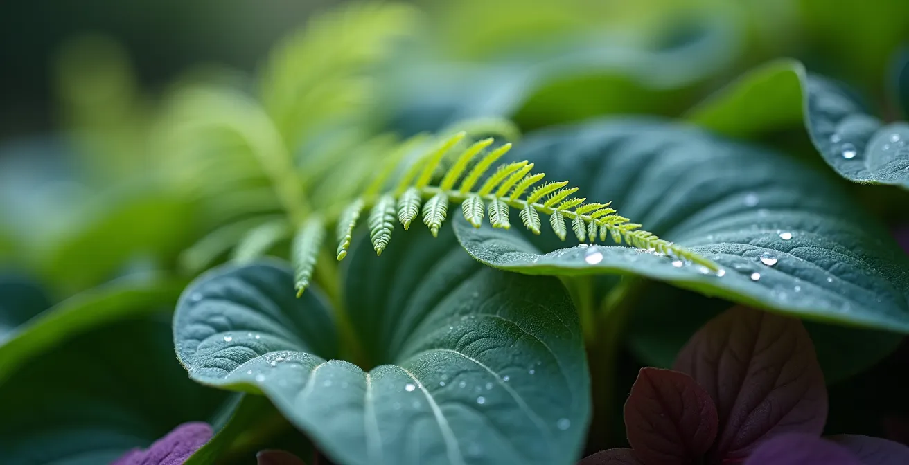 Composition de feuillages contrastés avec fougères, hostas et heuchères dans un jardin d'ombre québécois