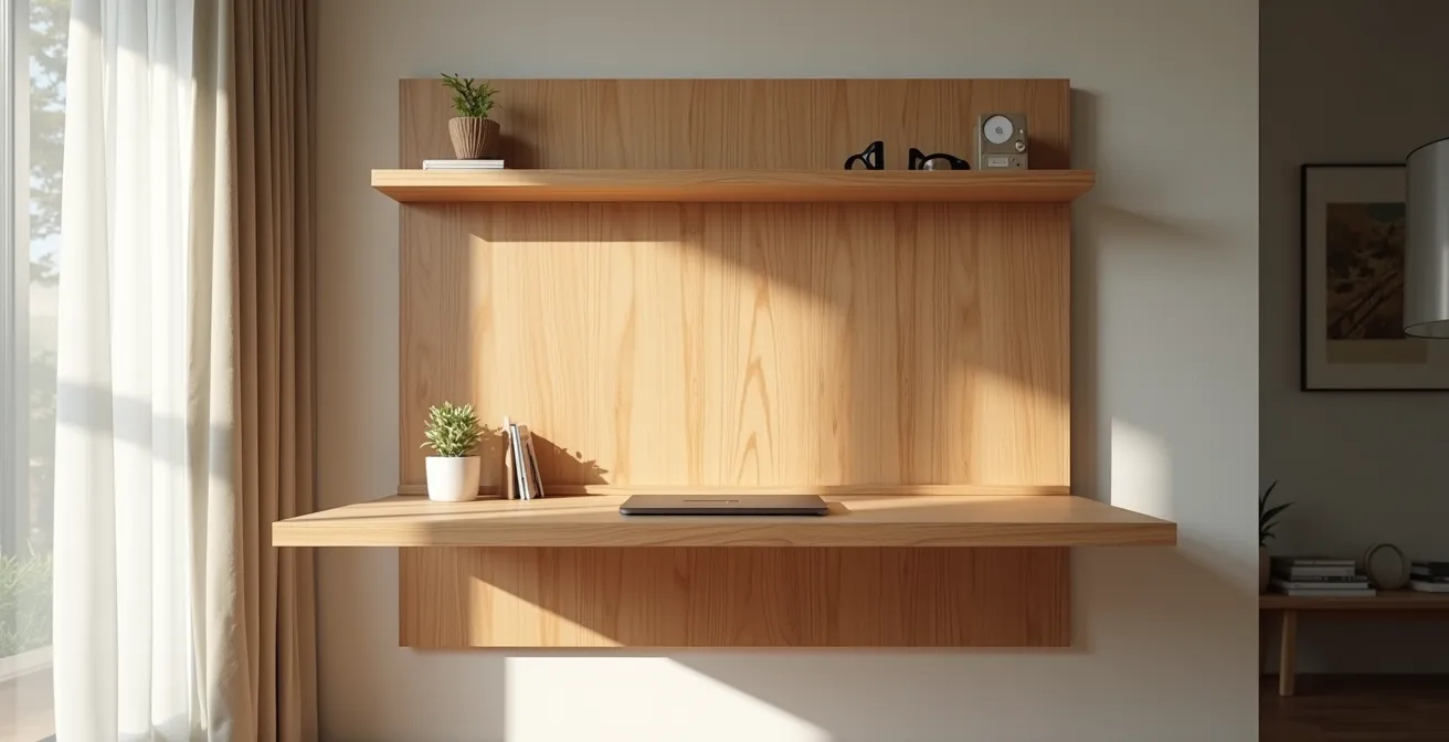 Bureau mural rabattable fermé dans un coin de salon créant une séparation subtile