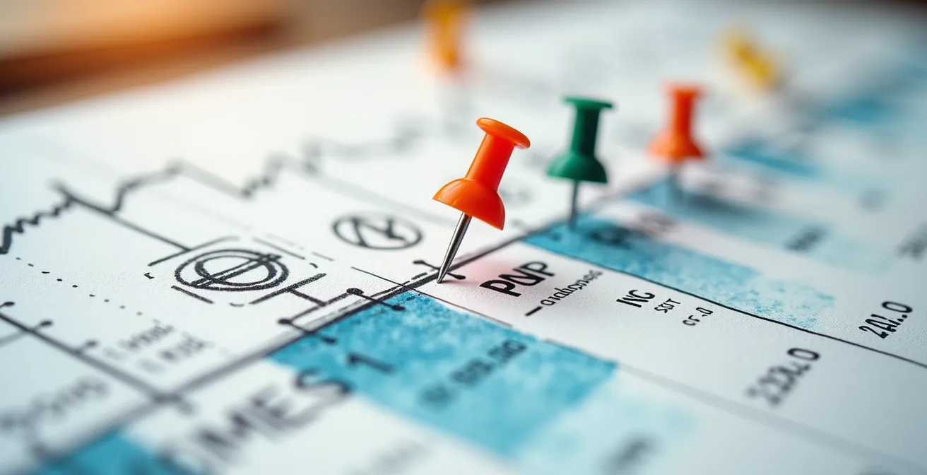 Vue macro d'un calendrier de chantier avec jalons de paiement marqués