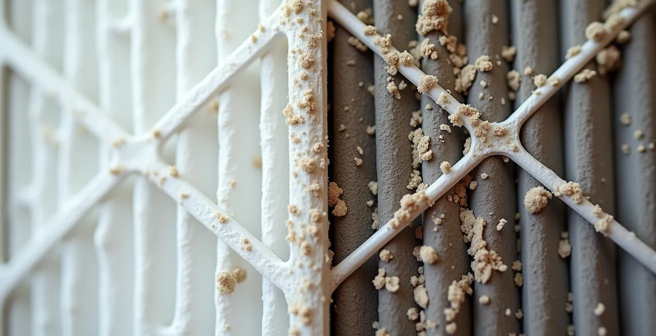Comparaison côte à côte d'un filtre de fournaise neuf et d'un filtre obstrué par la poussière