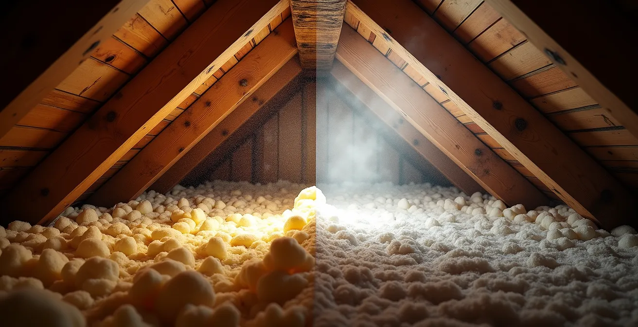 Vue en coupe d'un comble ancien montrant l'isolation par cellulose soufflée remplissant tous les vides à gauche, et par matelas de laine avec des ponts thermiques visibles à droite.