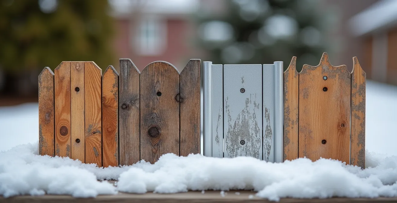 Échantillons de différents matériaux de clôture disposés côte à côte dans un jardin québécois