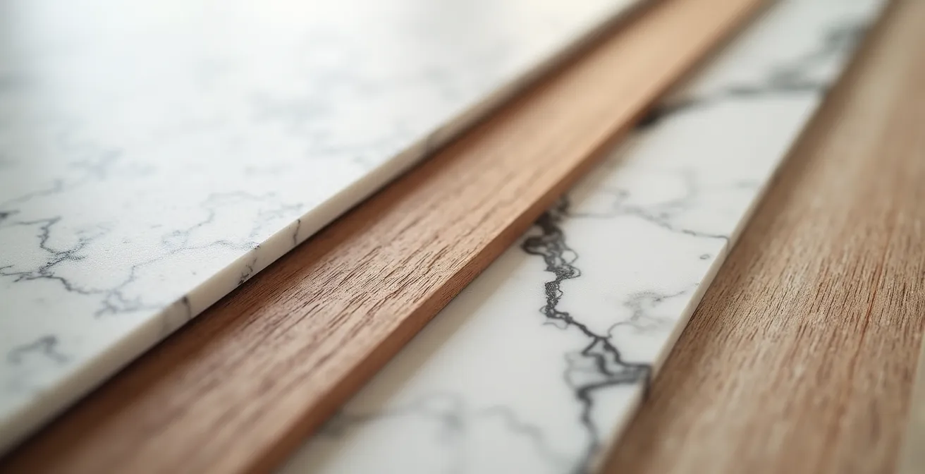 Gros plan sur différents échantillons de matériaux de rénovation disposés en gradation de qualité