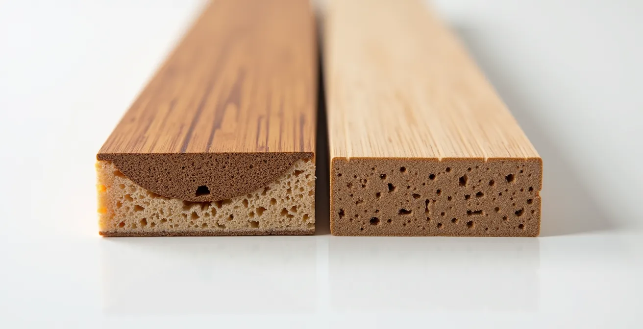 Coupe transversale montrant la structure interne d'une porte creuse versus une porte pleine avec leurs composants isolants