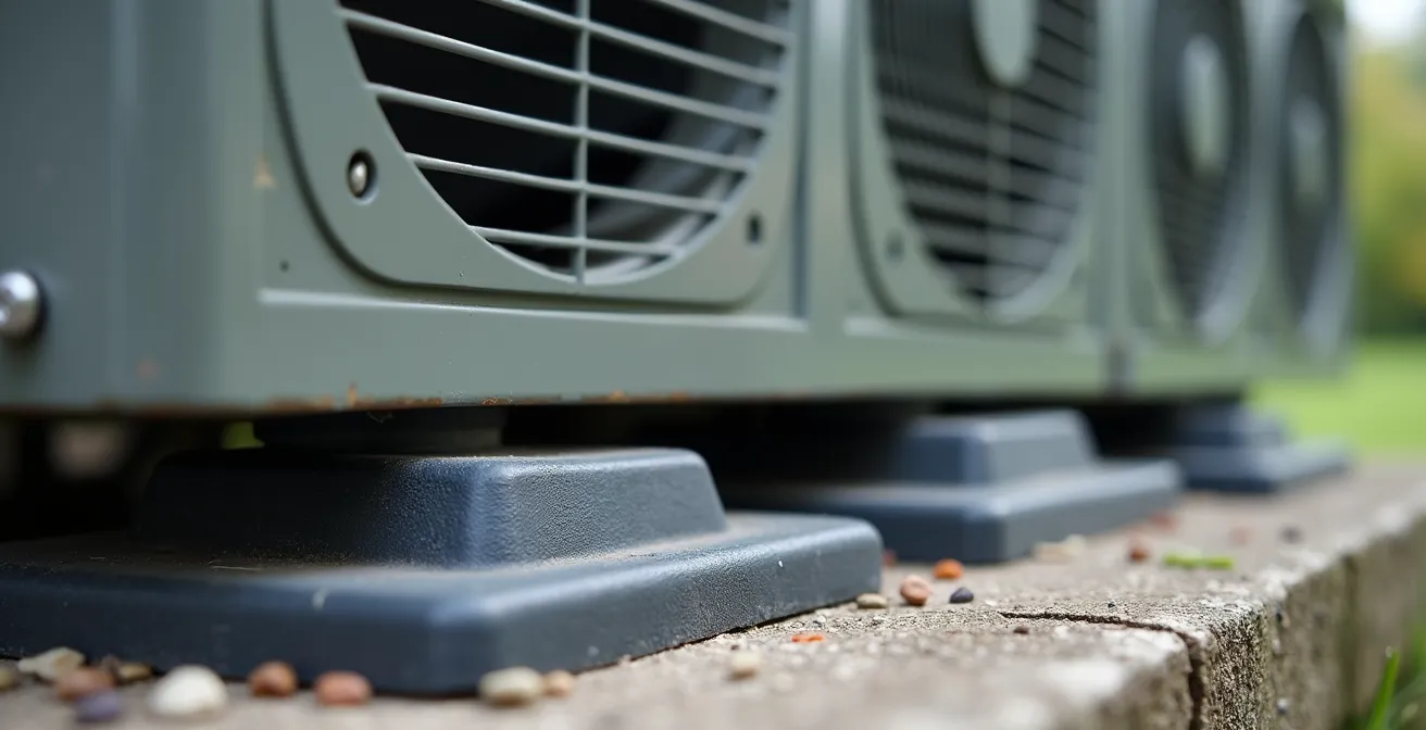 Vue macro d'un compresseur de thermopompe sur socle de béton avec amortisseurs de vibrations visibles