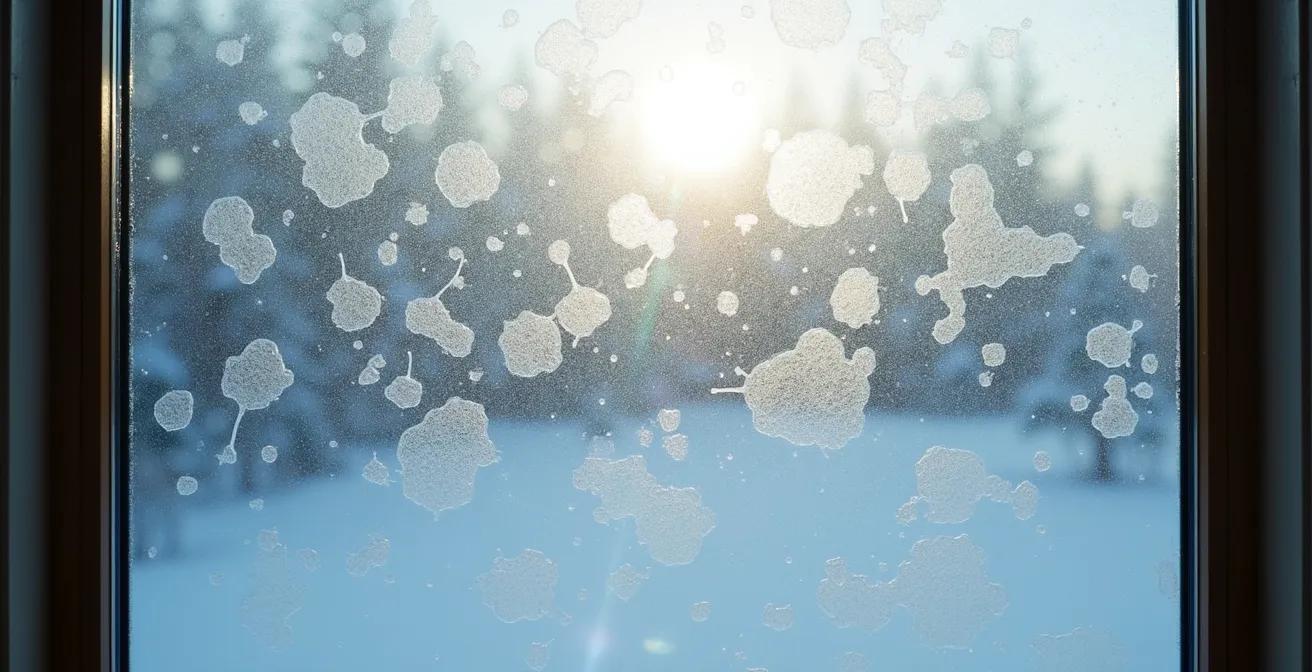 Fenêtre résidentielle avec condensation et traces de givre indiquant un problème de ventilation