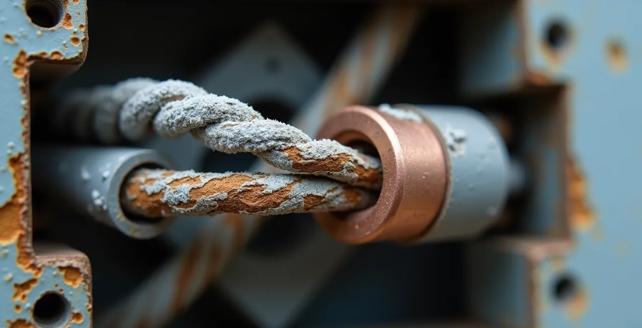 Gros plan sur une connexion électrique en aluminium oxydée montrant la corrosion caractéristique