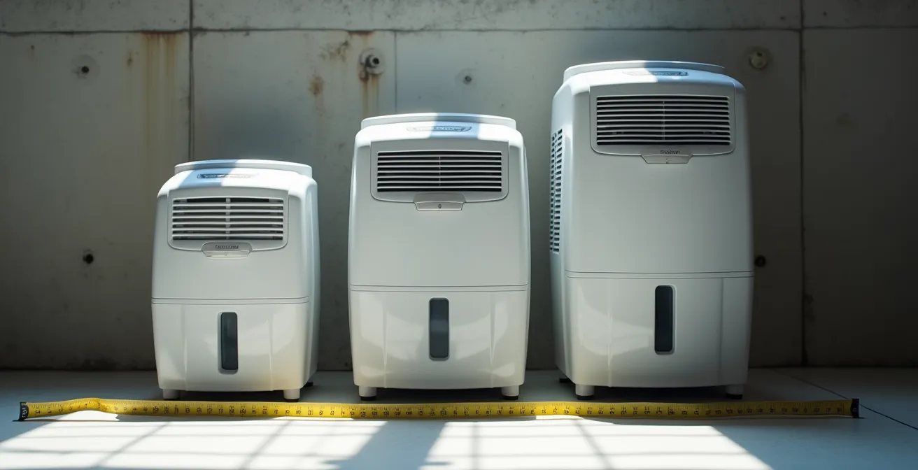 Comparaison visuelle de déshumidificateurs de différentes tailles dans un sous-sol