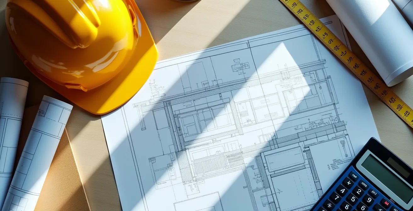 Bureau avec documents de permis municipaux et plans architecturaux pour rénovation