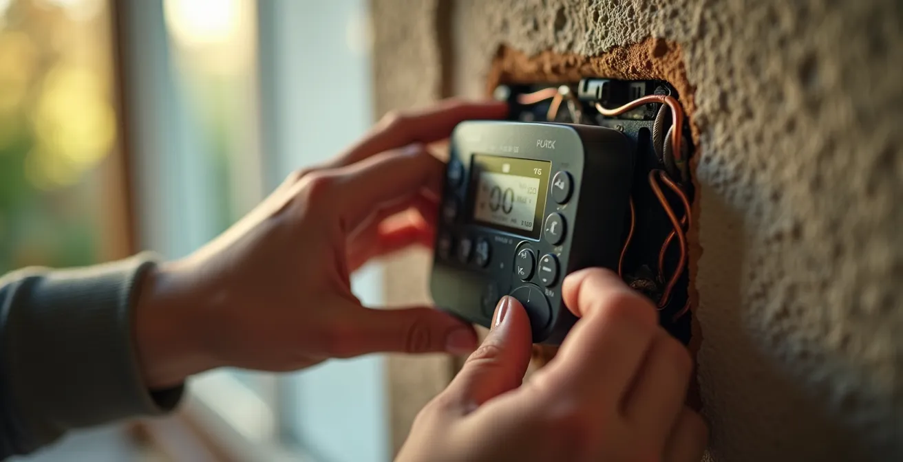 Gros plan sur des mains installant un thermostat intelligent sur un mur québécois typique