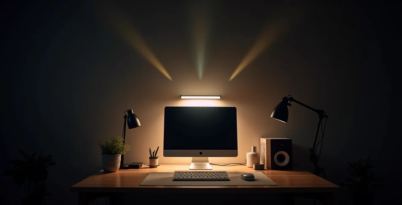 Configuration d'éclairage asymétrique pour bureau à domicile avec lampe de moniteur et éclairage d'ambiance