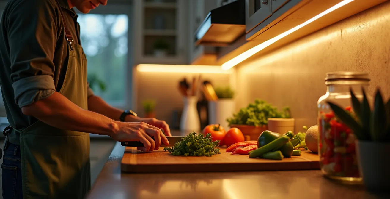 Vue en contre-plongée d'un plan de travail de cuisine avec éclairage DEL sous les armoires créant une lumière uniforme