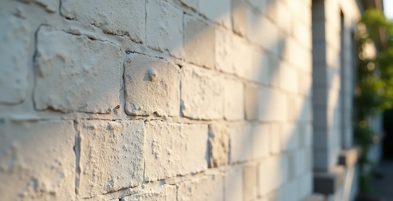 Mur en pierre avec enduit à la chaux montrant différents états de vieillissement selon l'exposition