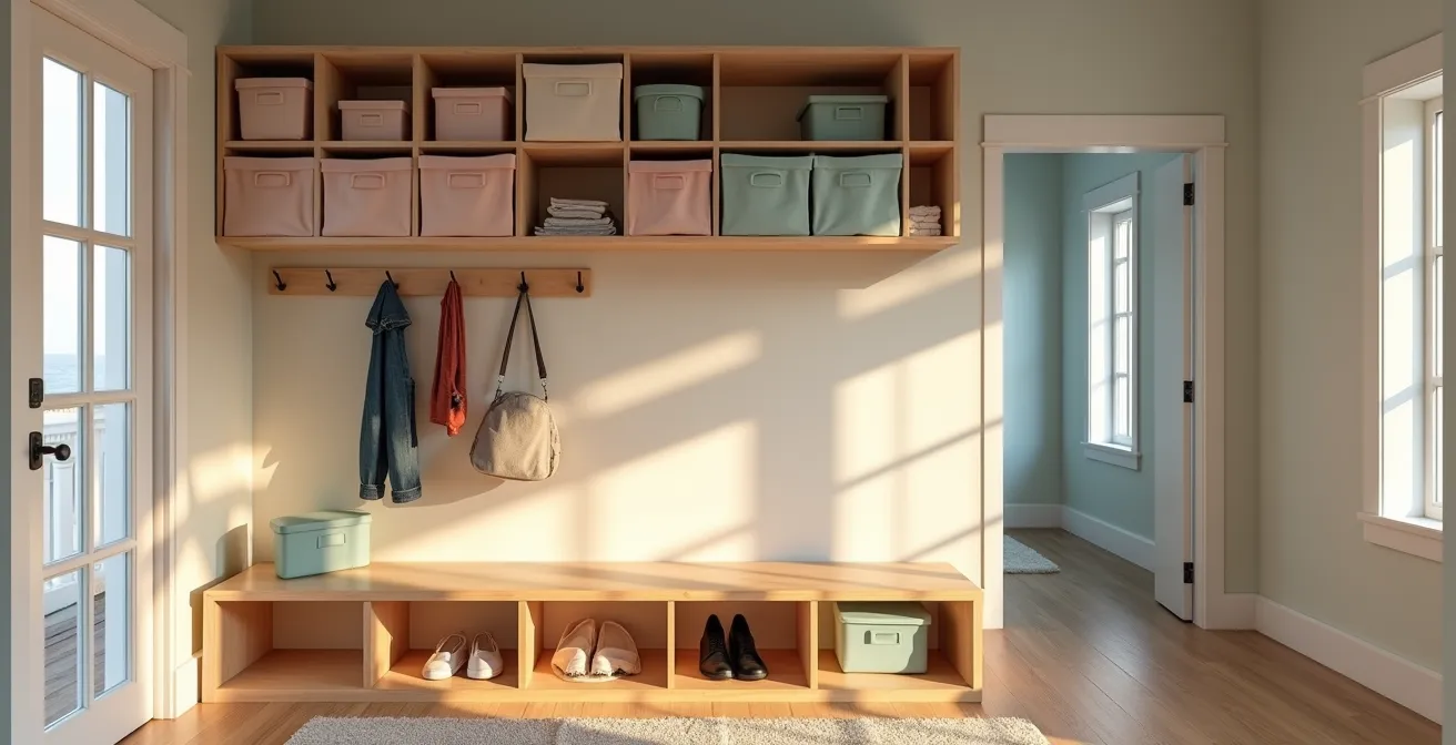 Entrée de maison avec système de rangement mural modulaire coloré et banc en bois