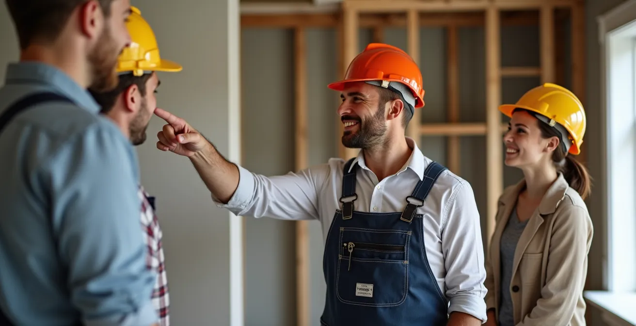 Entrepreneur professionnel en discussion avec des clients dans une maison québécoise en rénovation