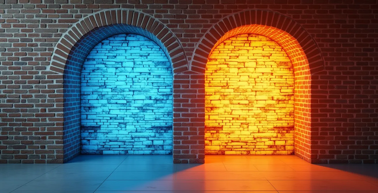 Coupe technique montrant l'isolation par l'intérieur coupant la masse thermique des murs