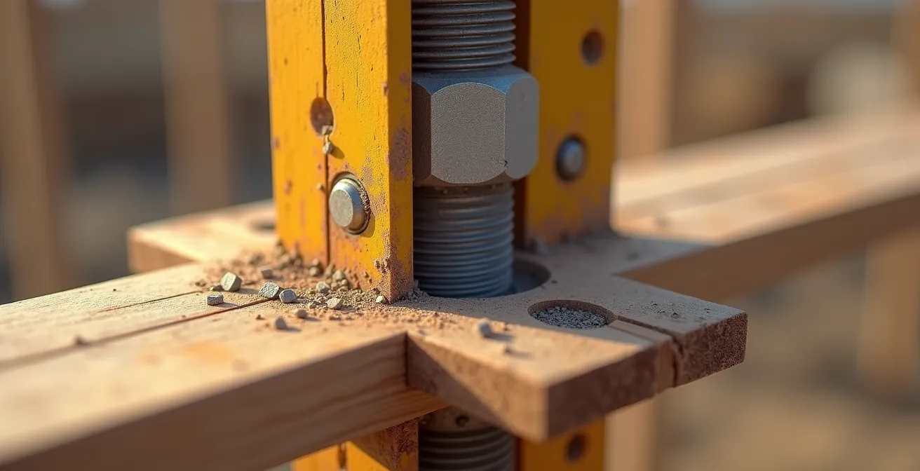 Vue latérale montrant la procédure d'étaiement sécuritaire avec étais télescopiques et madriers de répartition