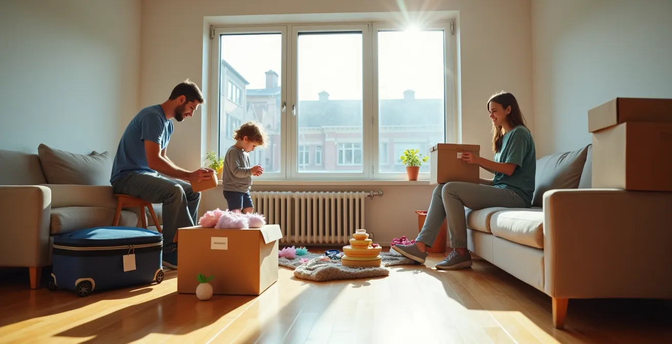 Famille québécoise organisant un déménagement temporaire pendant des travaux de rénovation d'urgence