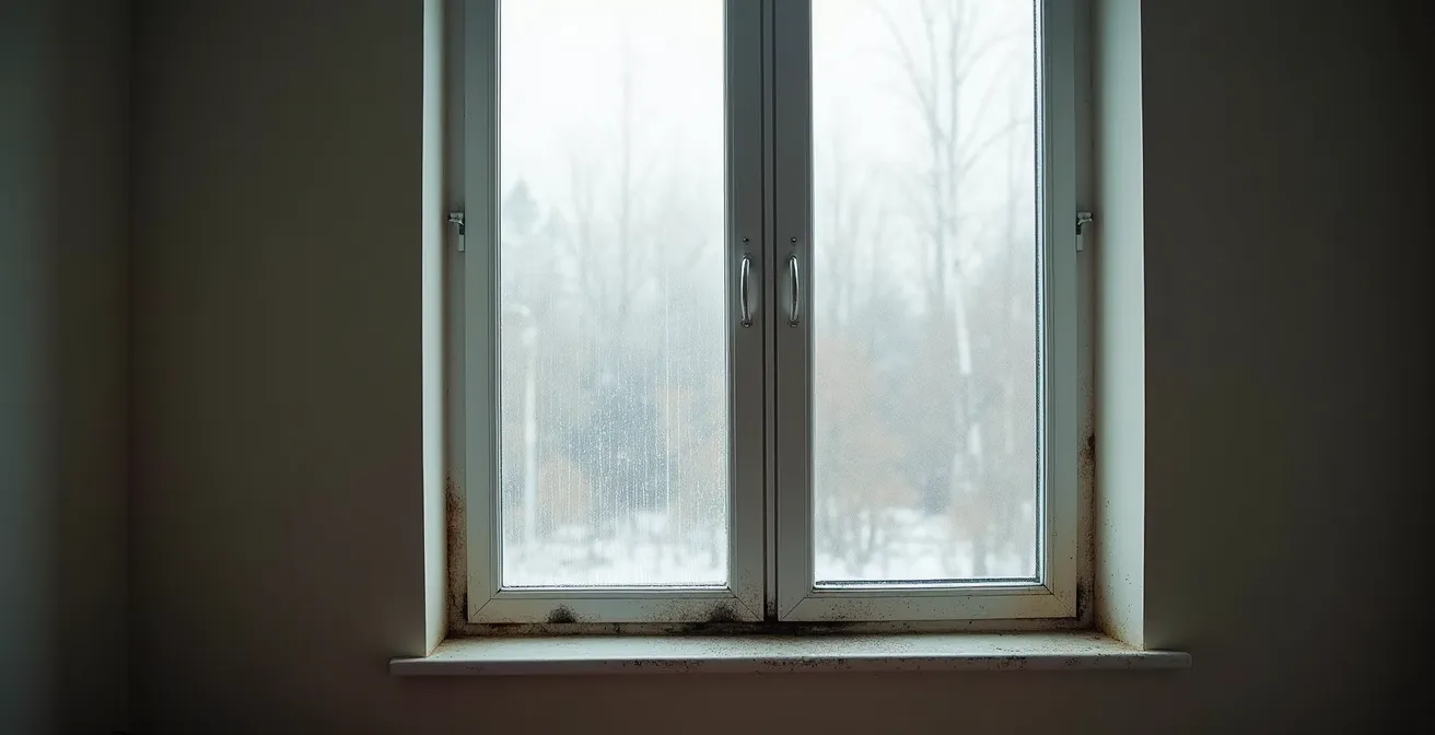 Gros plan sur de la condensation au bas d'une fenêtre avec début de moisissure