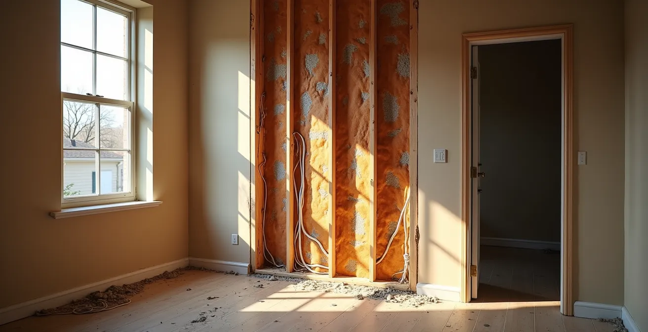 Vue intérieure d'un mur ouvert montrant des fils électriques avec isolation endommagée