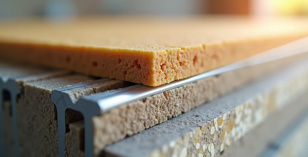 Coupe transversale d'un mur insonorisé avec barres résilientes et double gypse pour réduire la transmission sonore