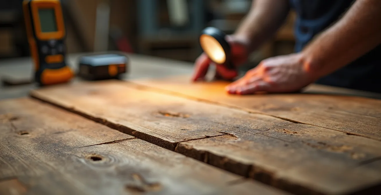 Gros plan sur l'inspection d'un plancher de bois franc récupéré montrant les détails du grain