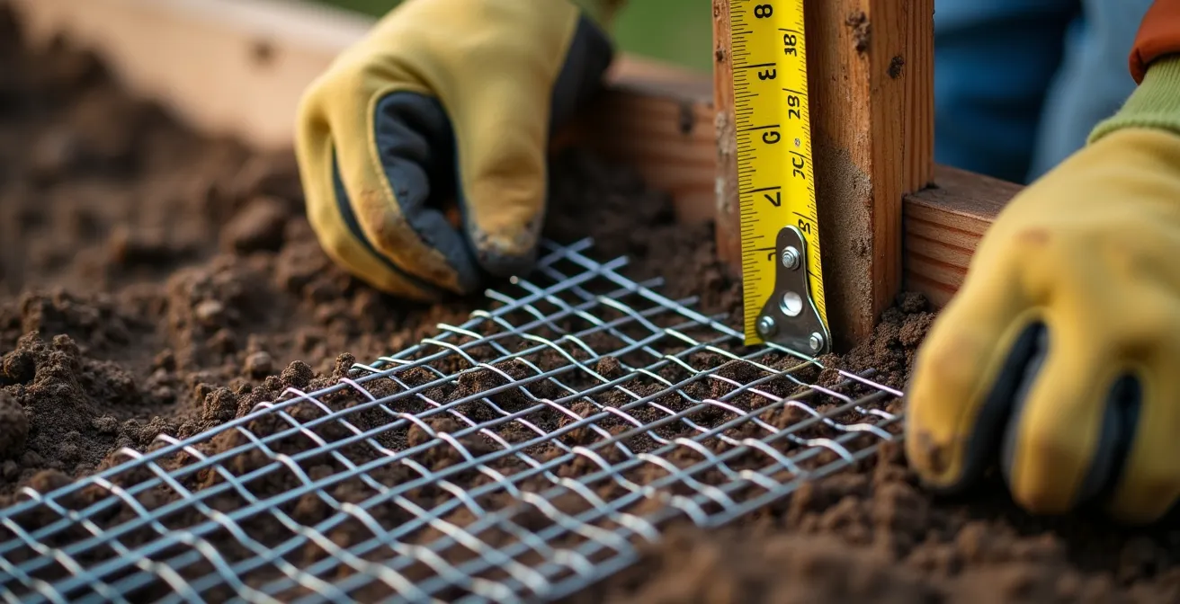 Vue en coupe montrant l'installation d'un grillage métallique enterré à 30cm avec retour en L pour protection anti-marmotte
