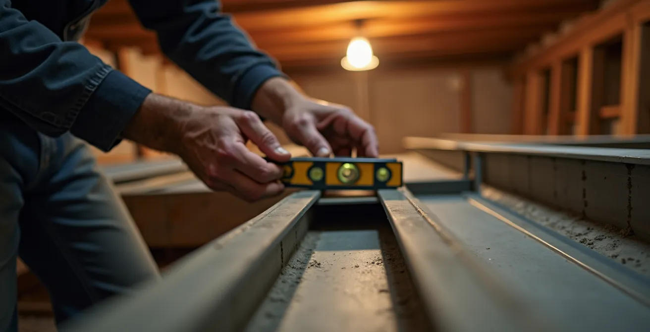 Installation de rails de plafond suspendu avec technique du cordeau dans un sous-sol
