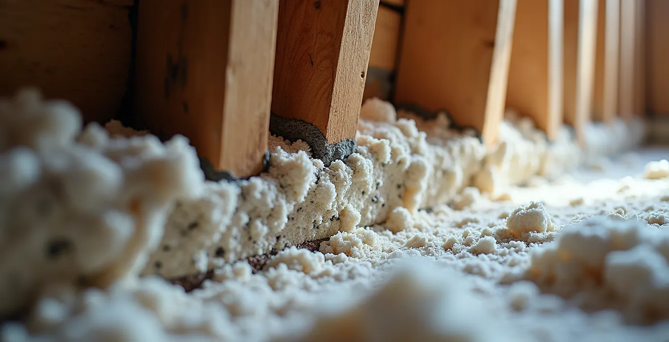 Gros plan de l'application d'uréthane giclé sur la jonction critique entre une fondation en pierre brute et la structure en bois d'une solive de rive.