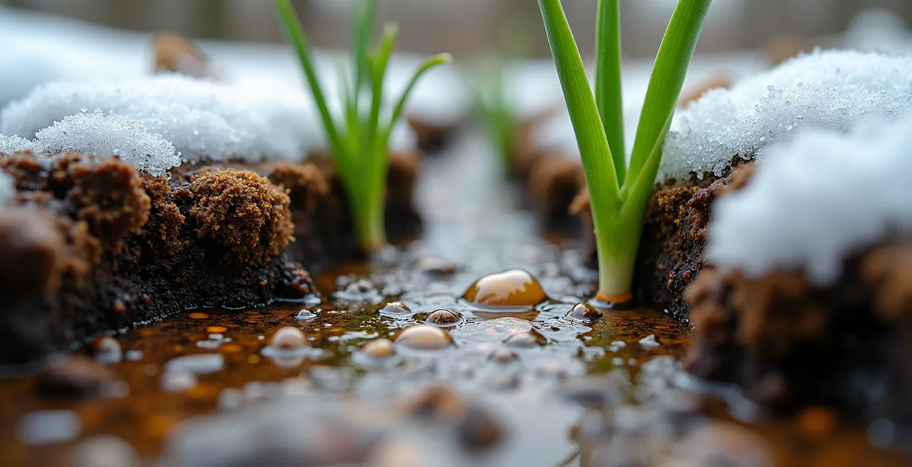 Jardin de pluie québécois au printemps avec plantes indigènes et système de drainage naturel
