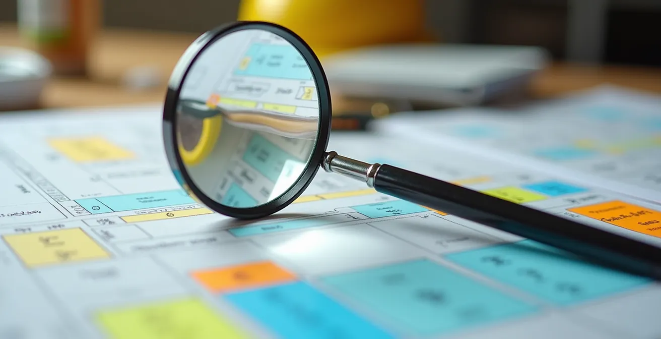 Vue macro d'une loupe grossissante examinant un document de soumission avec des zones surlignées en couleur