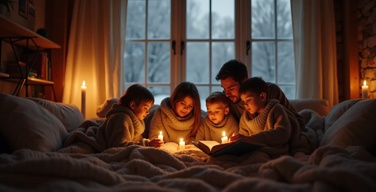 Intérieur chaleureux d'une maison québécoise durant une panne hivernale avec bougies et isolation visible