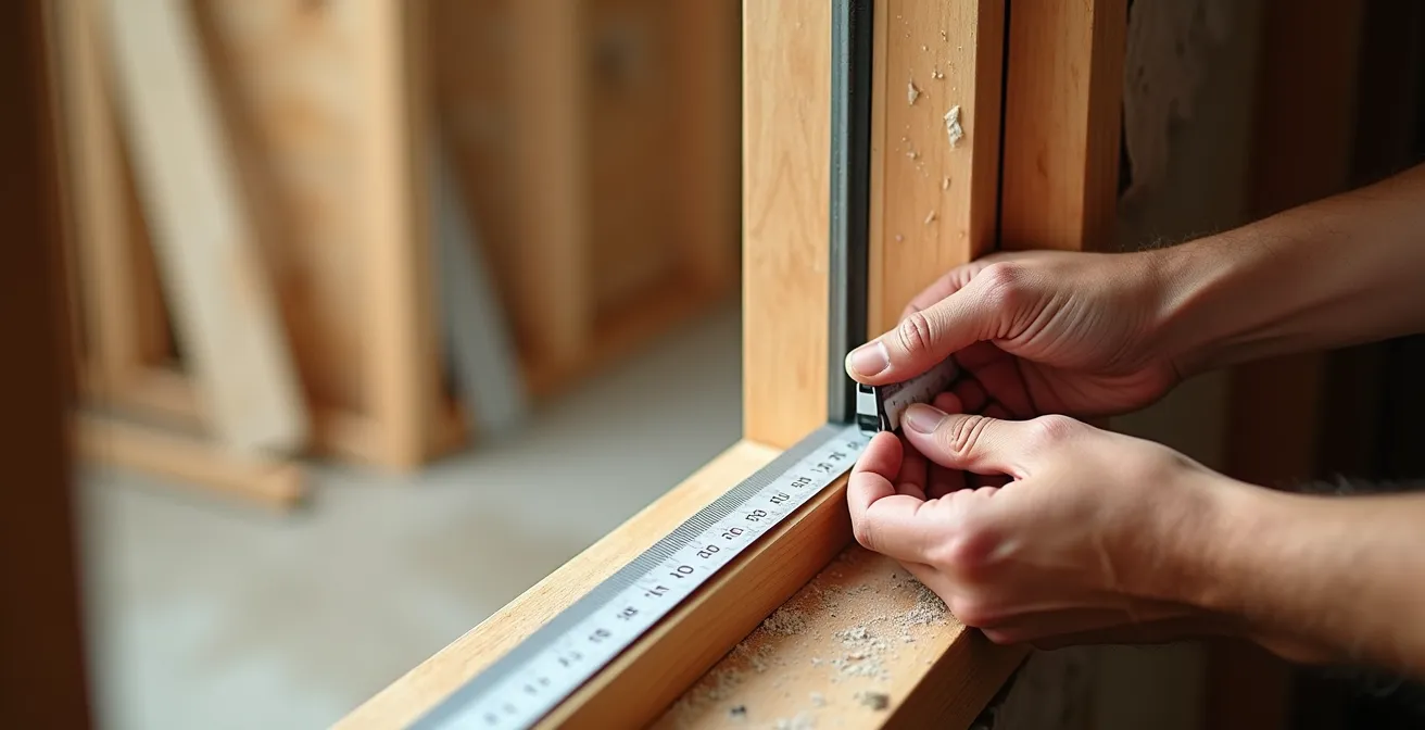 Charpentier mesurant une ouverture de fenêtre dans une charpente en bois sur un chantier résidentiel