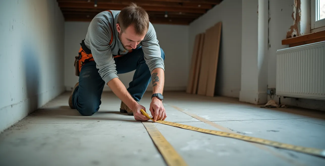 Mesure précise des diagonales d'une pièce au sous-sol pour vérifier l'équerrage avant construction des murs