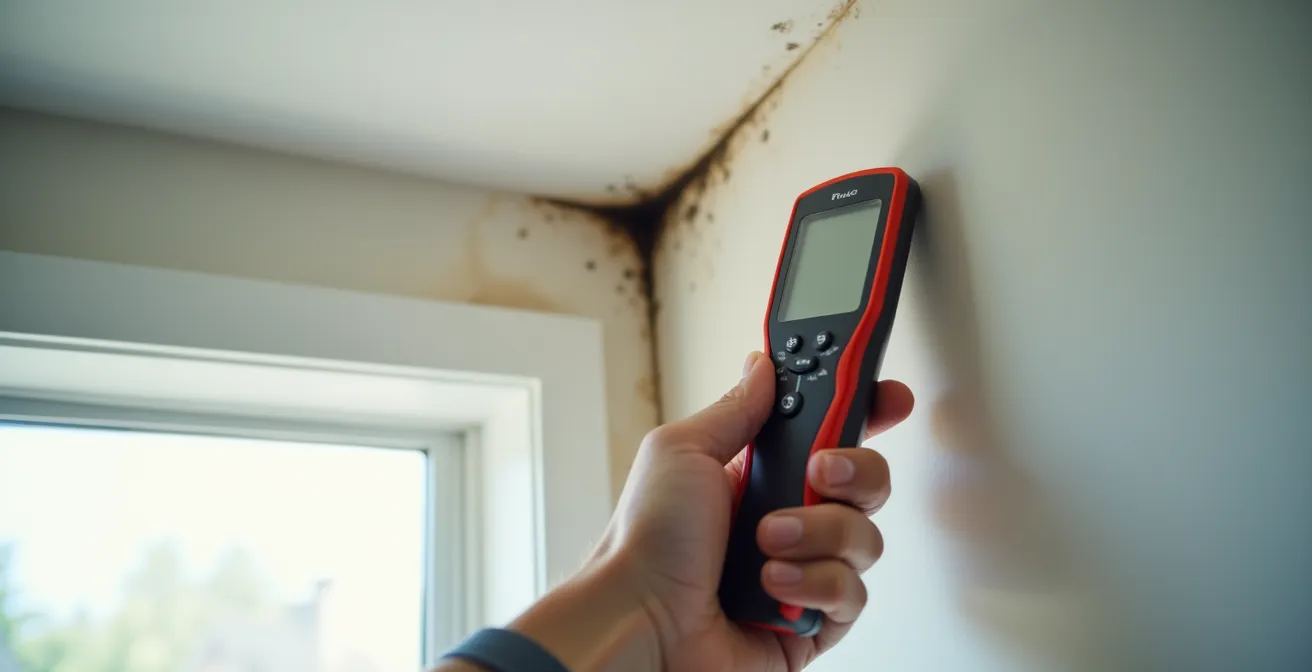 Détail d'un coin de plafond montrant des traces de moisissure causées par un pont thermique