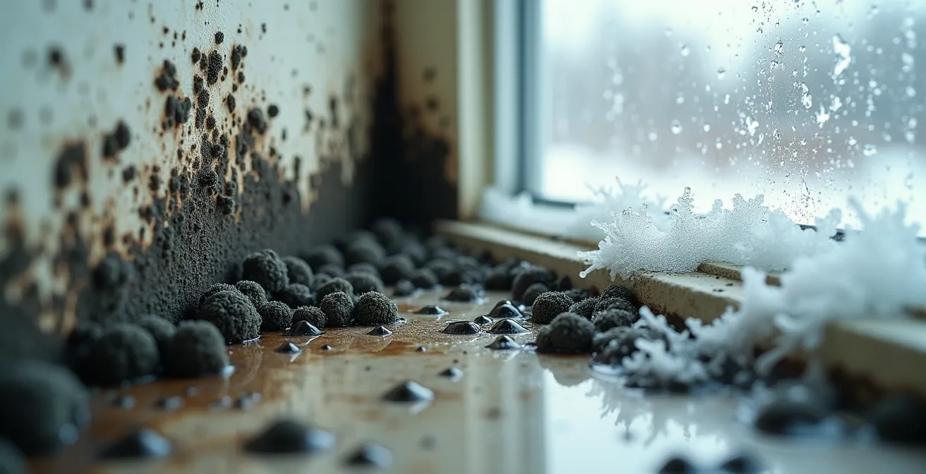 Détail macro de moisissures se développant sur un mur humide en hiver