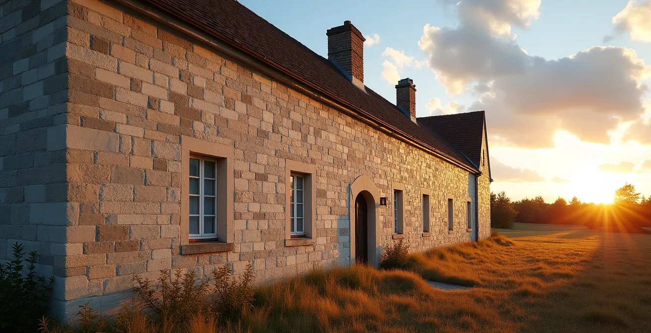 Mur de pierre avec enduit à la chaux dans un environnement québécois exposé aux intempéries