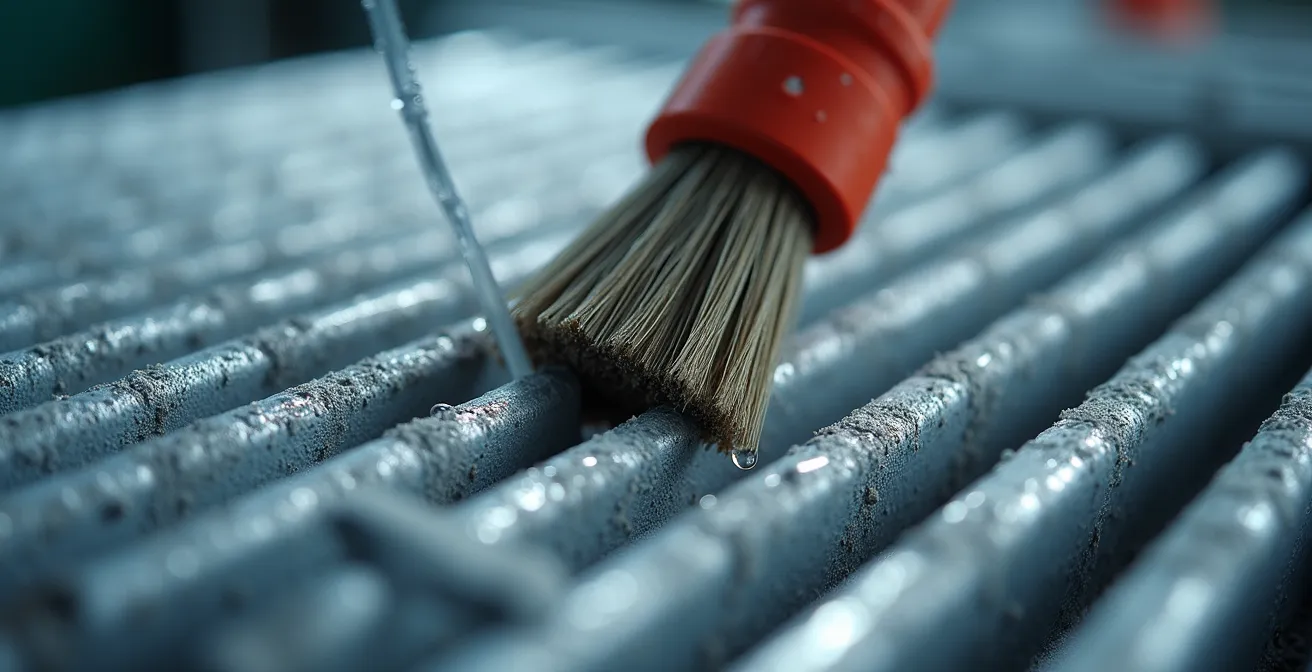 Vue macro détaillée d'un noyau de VRC avec accumulation de poussière et technique de nettoyage