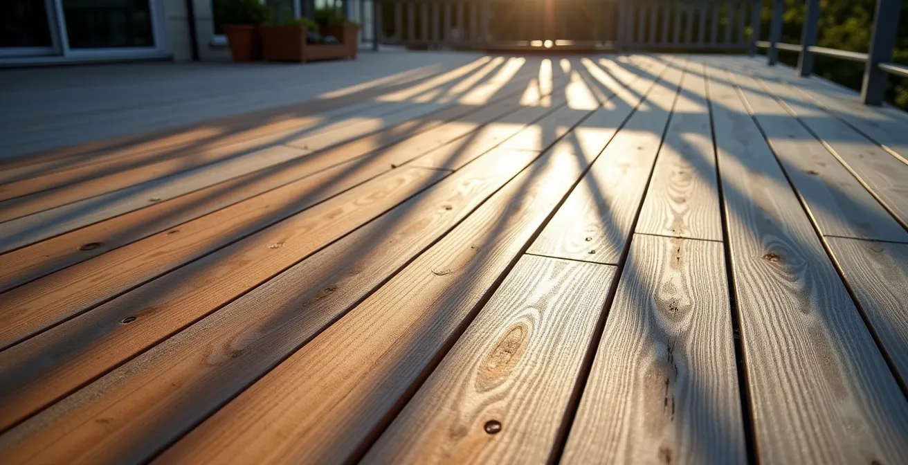 Vue aérienne d'une terrasse composite montrant différents motifs d'orientation des lattes pour agrandir l'espace.