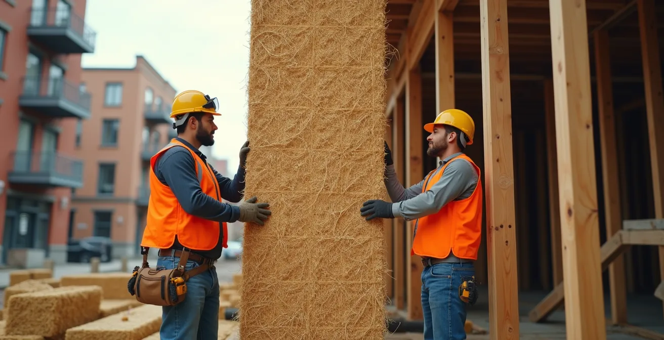 Installation de panneaux préfabriqués de paille sur un chantier urbain à Montréal