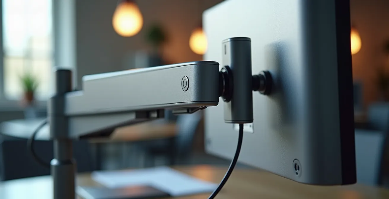 Détail macro de l'ajustement d'un bras de moniteur montrant la texture métallique et le mécanisme