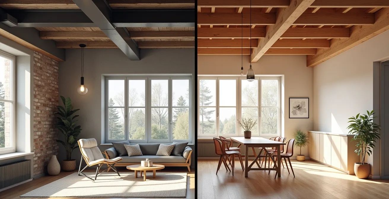 Comparaison visuelle entre une poutre IPN en acier et une poutre en bois d'ingénierie dans un contexte résidentiel québécois