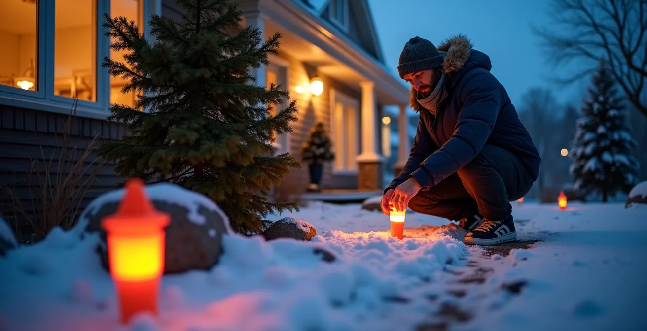 Système de piquets de déneigement protégeant des arbustes sous la neige au Québec