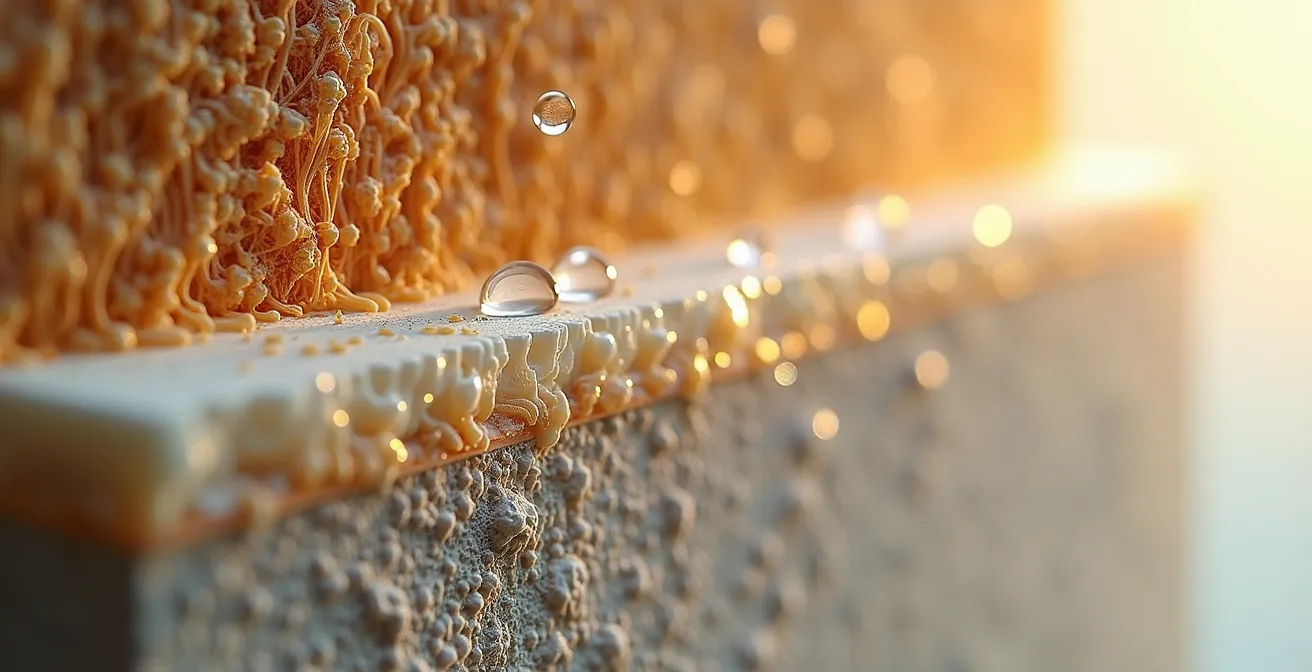 Coupe transversale d'un mur montrant la régulation naturelle de l'humidité par les matériaux biosourcés