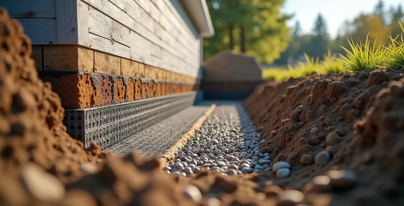 Vue en coupe montrant les couches de remblai et le système de drainage autour d'une fondation